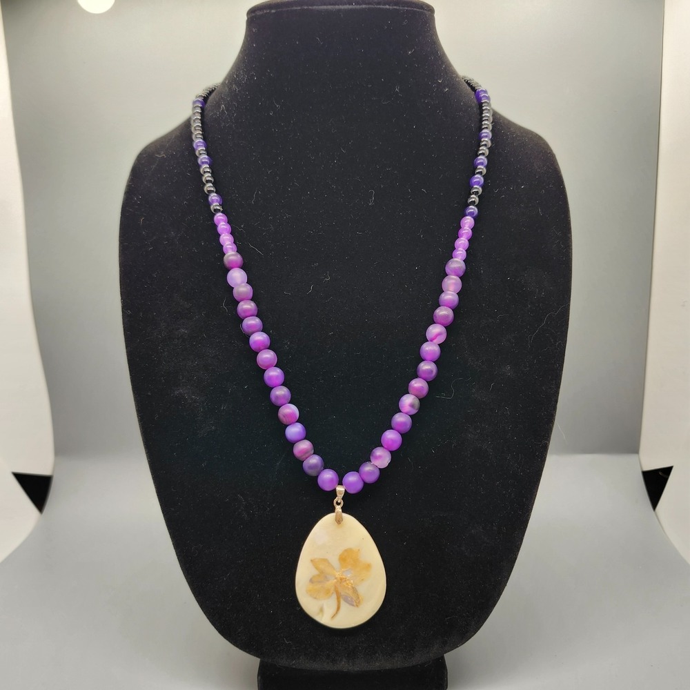 Artisan Made Purple Beaded Necklace Large Teardrop Flower Pendant Silver Tone